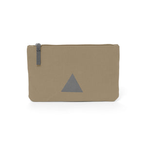 Khaki canvas travel wallet with zip opening and triangle logo.