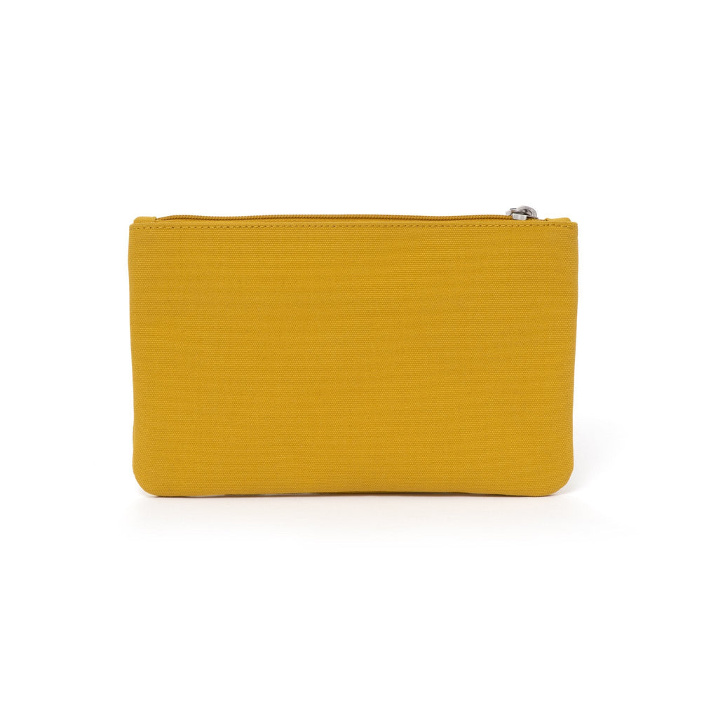 Yellow canvas travel wallet with zip opening and triangle logo.