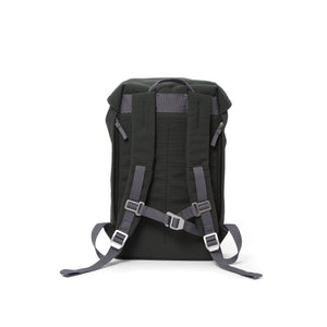 Grey waterproof backpack with padded shoulder straps and chest strap.