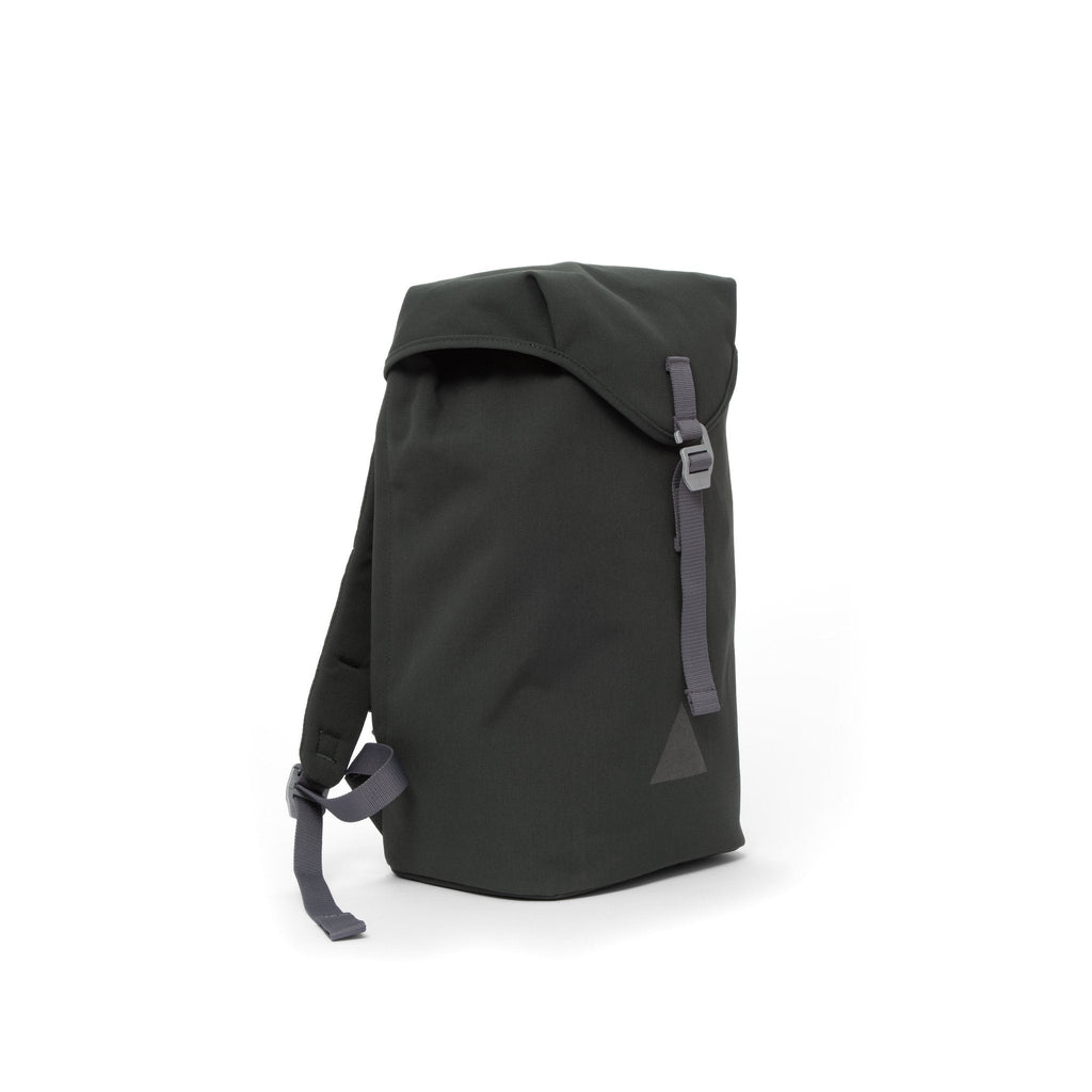 Grey recycled canvas backpack with strap closure and metal buckle.