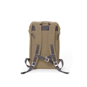 Khaki waterproof backpack with padded shoulder straps and chest strap.