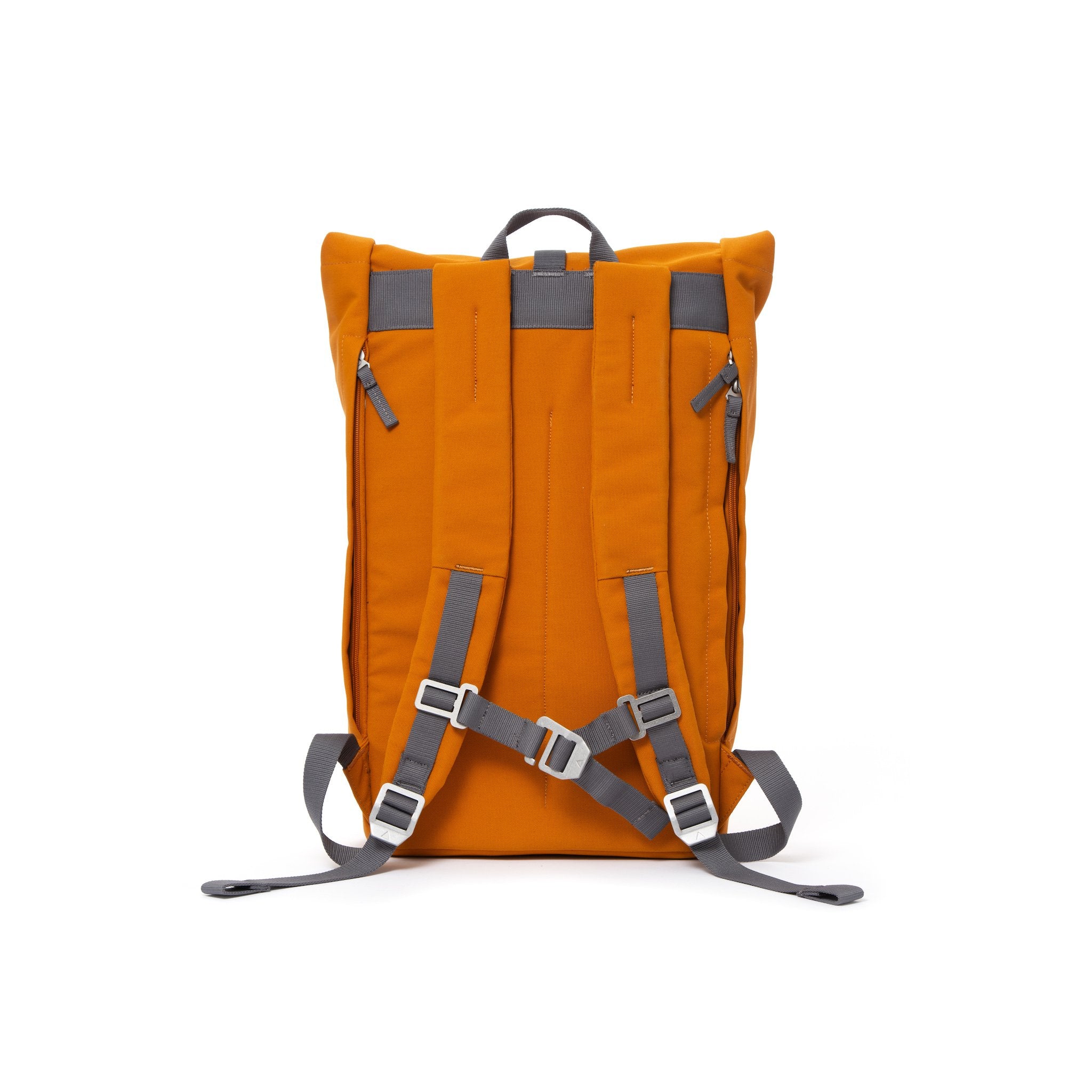 Orange rolltop backpack with padded shoulder straps and chest strap.