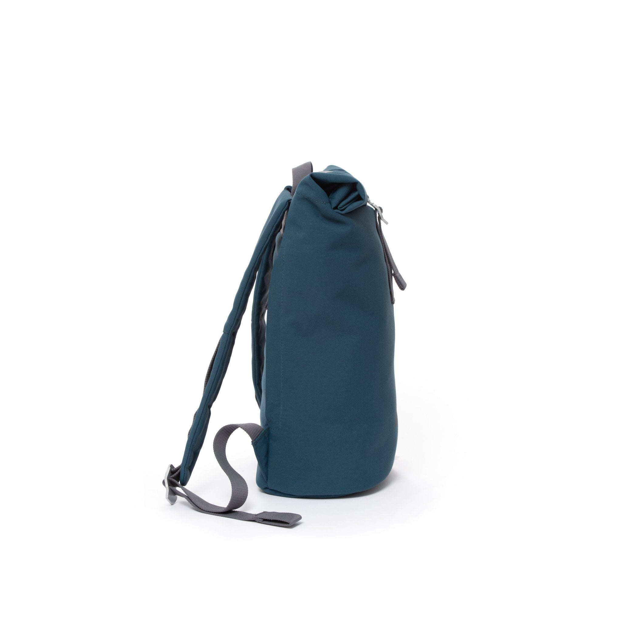 Blue waterproof canvas women’s rolltop backpack.
