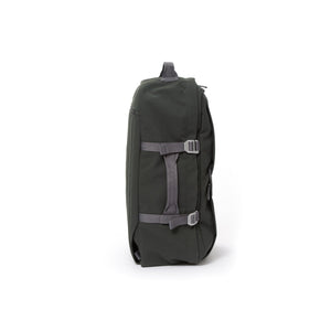 Grey recycled canvas travel backpack with compression side straps.