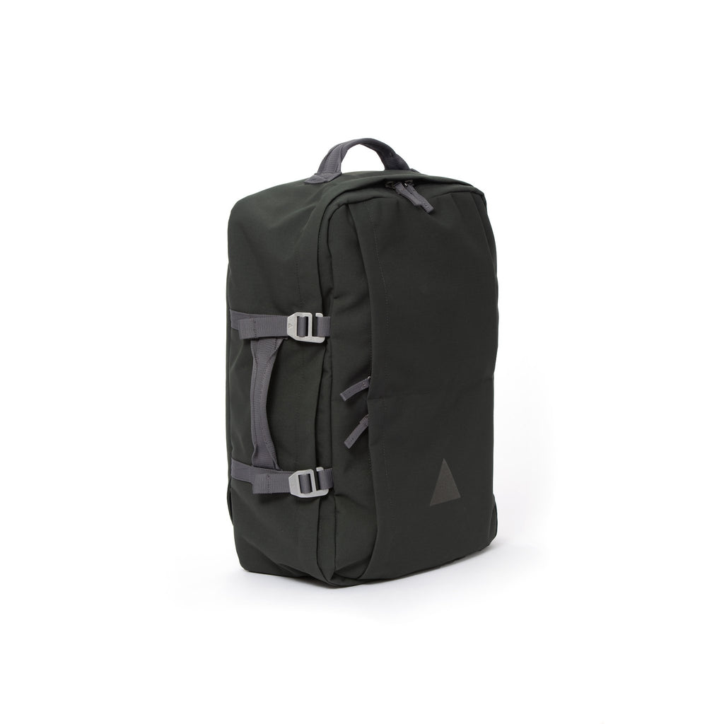 Grey recycled canvas travel backpack with carry handle.