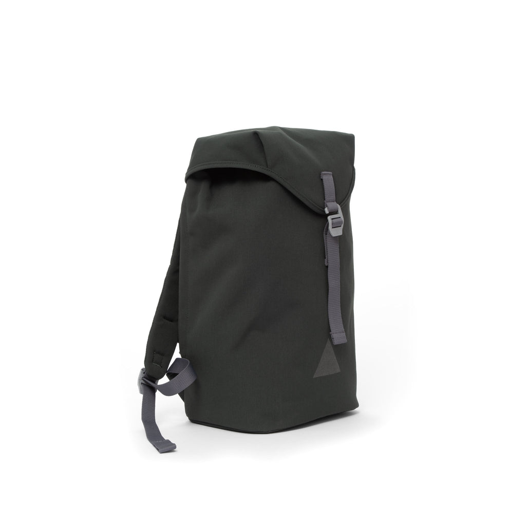 Grey recycled canvas backpack with strap closure and metal buckle.