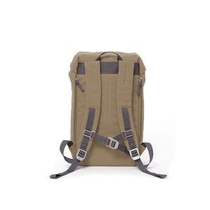 Khaki waterproof backpack with padded shoulder straps and chest strap.