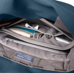Blue backpack interior organiser pocket with guidebook and earphones.
