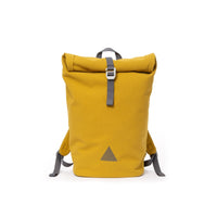 Yellow recycled canvas men’s rolltop backpack with triangle logo.