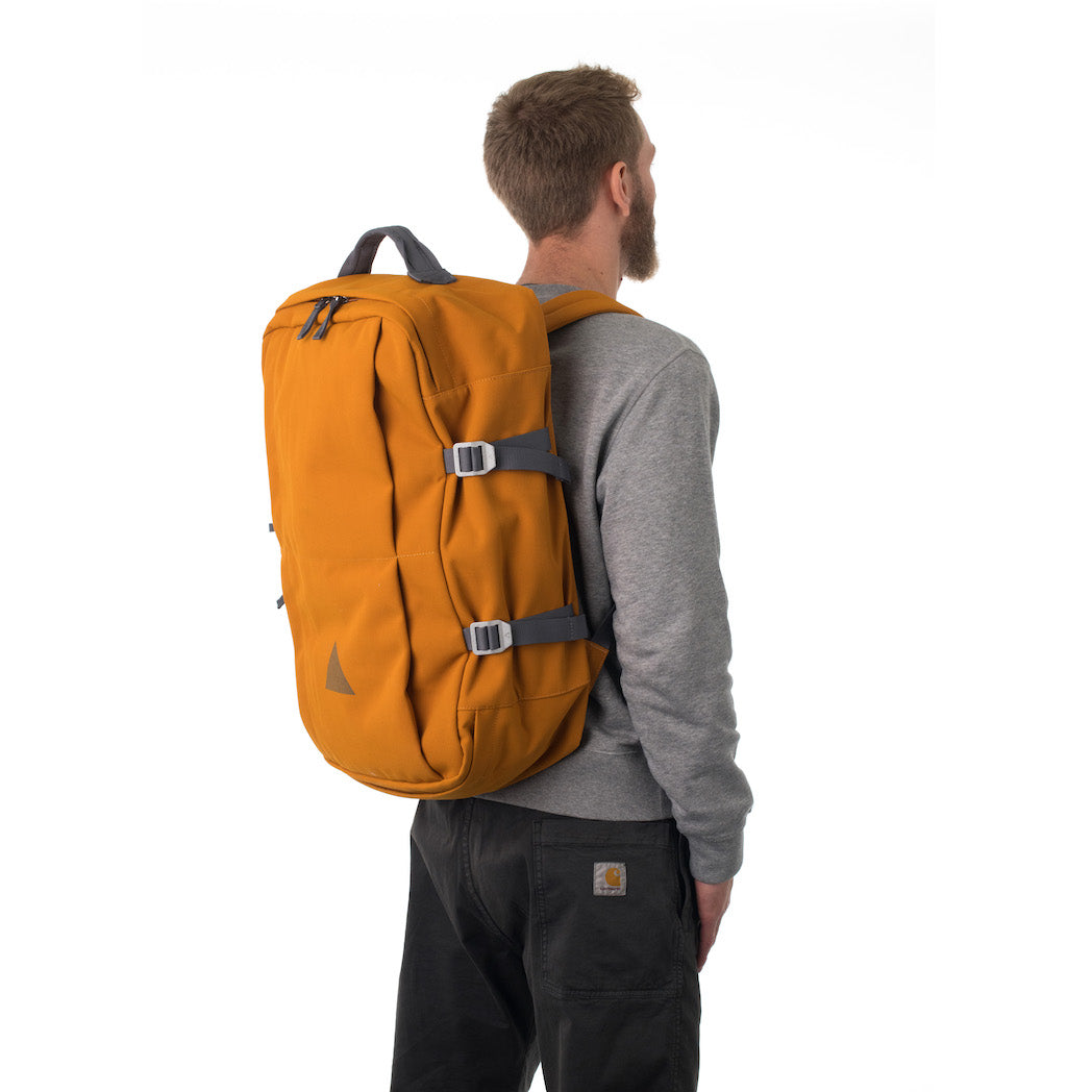 Man carrying orange travel backpack.