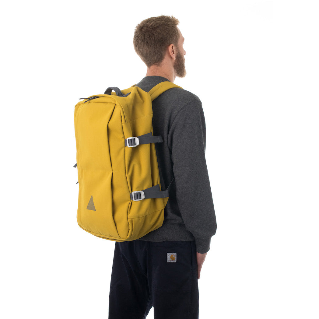 Man carrying yellow travel backpack.