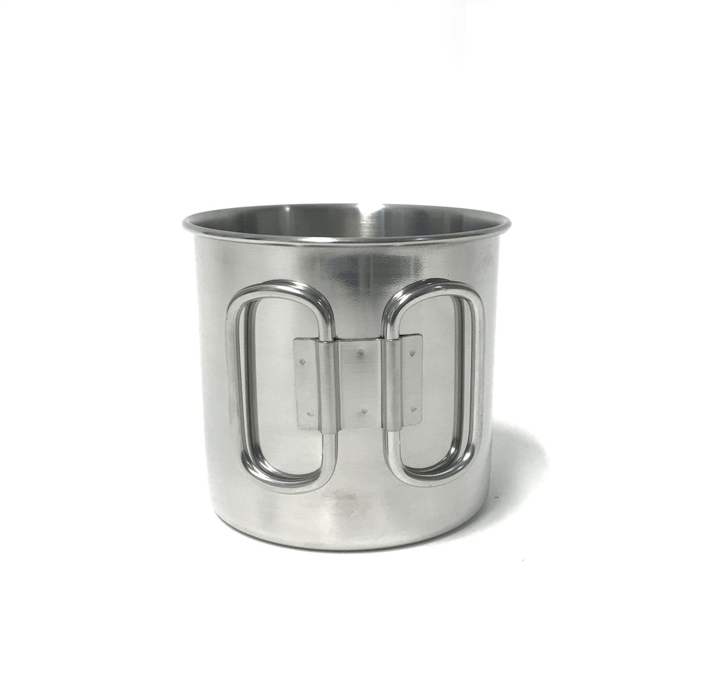Large, strong stainless steel camping mug with folding handle