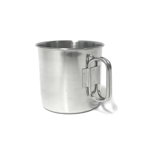 Large, strong stainless steel camping mug with folding handle