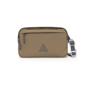 Khaki canvas shoulder bag with front zip pocket, webbing strap and aluminium buckles.