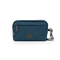 Blue Grey canvas shoulder bag with front zip pocket, webbing strap and aluminium buckles.