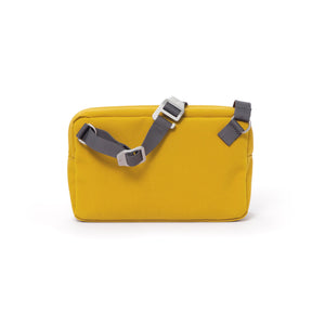 Yellow shoulder bag with webbing strap and aluminium buckles.