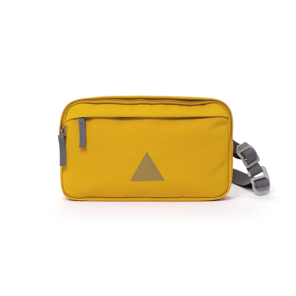 Yellow Grey canvas shoulder bag with front zip pocket, webbing strap and aluminium buckles.