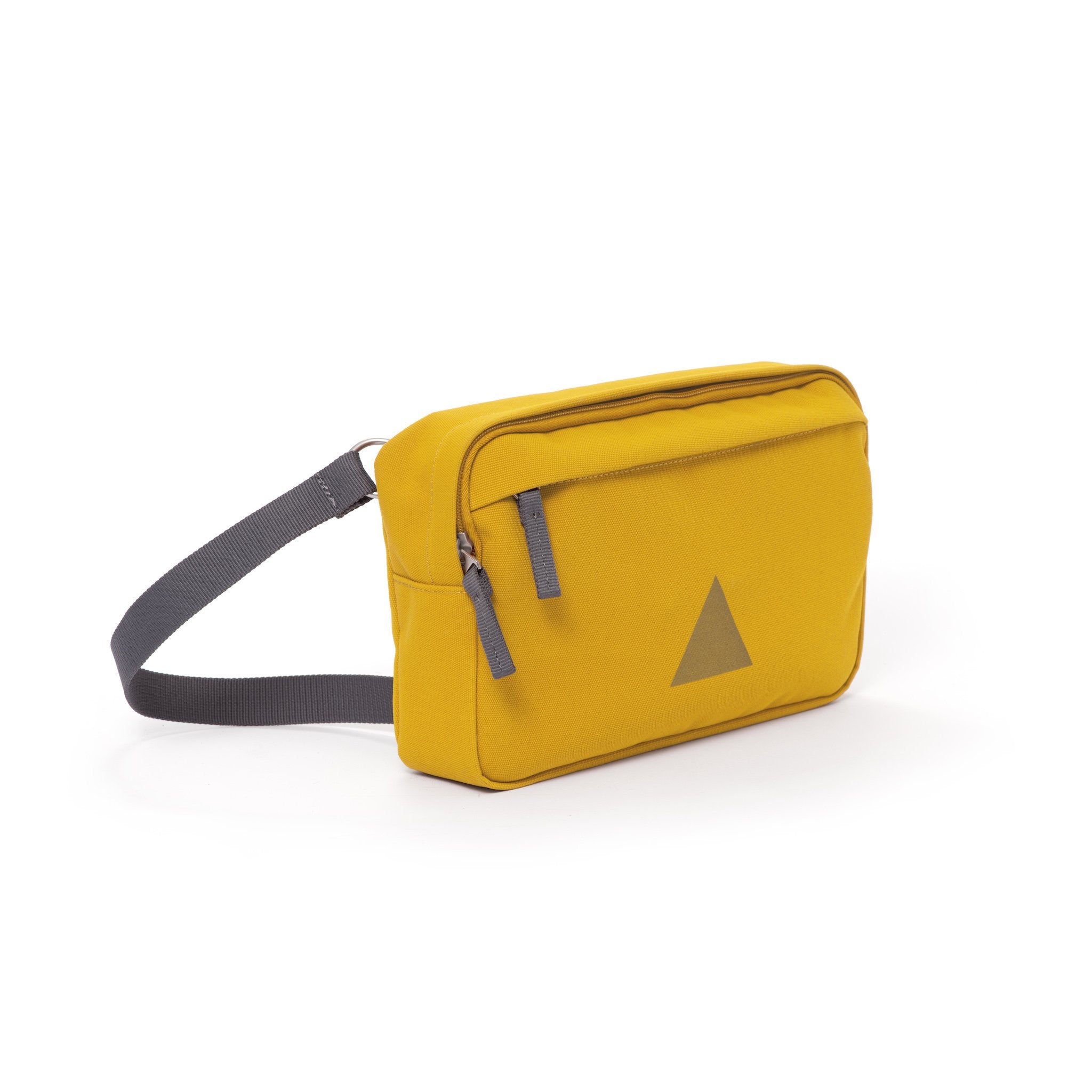 Yellow canvas shoulder bag with zip pockets and webbing strap.