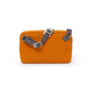 Orange shoulder bag with webbing strap and aluminium buckles.