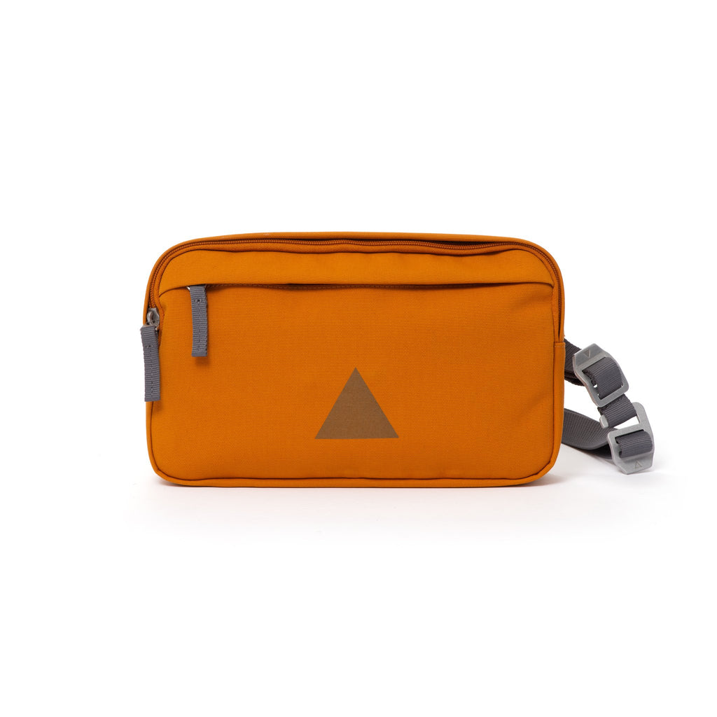 Orange Grey canvas shoulder bag with front zip pocket, webbing strap and aluminium buckles.