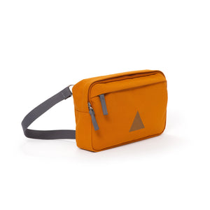 Orange canvas shoulder bag with zip pockets and webbing strap.