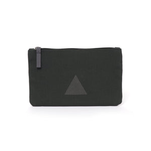 Grey canvas travel wallet with zip opening and triangle logo.