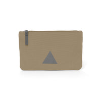 Khaki canvas travel wallet with zip opening and triangle logo.