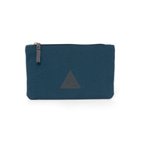 Blue canvas travel wallet with zip opening and triangle logo.