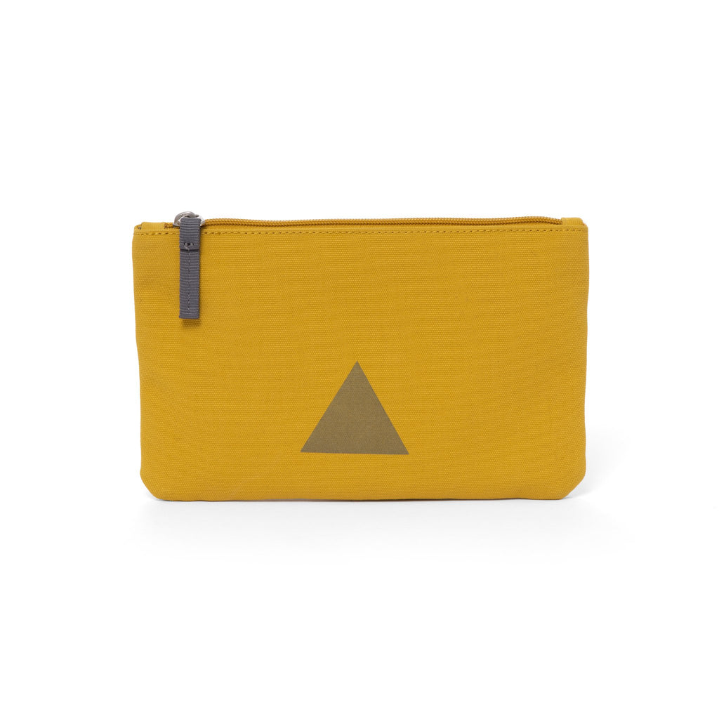 Yellow canvas travel wallet with zip opening and triangle logo.