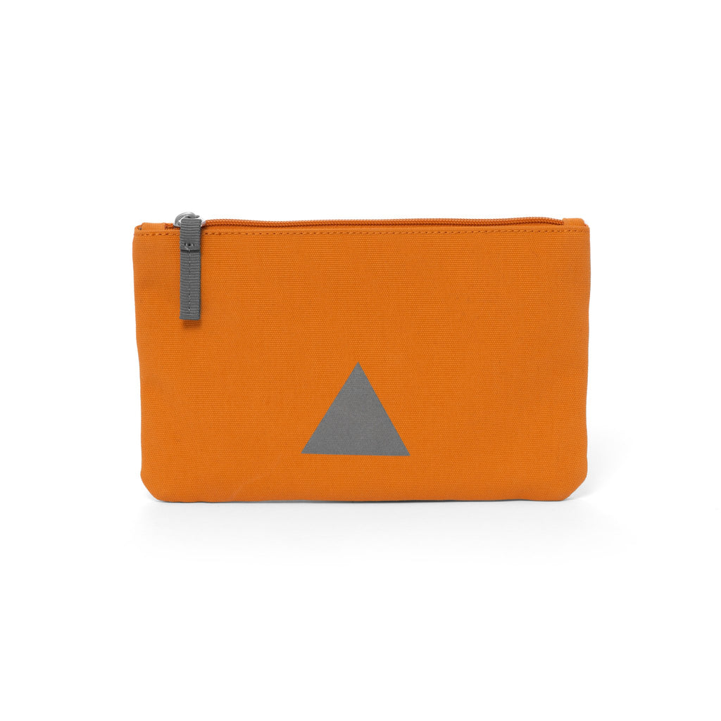 Orange canvas travel wallet with zip opening and triangle logo.