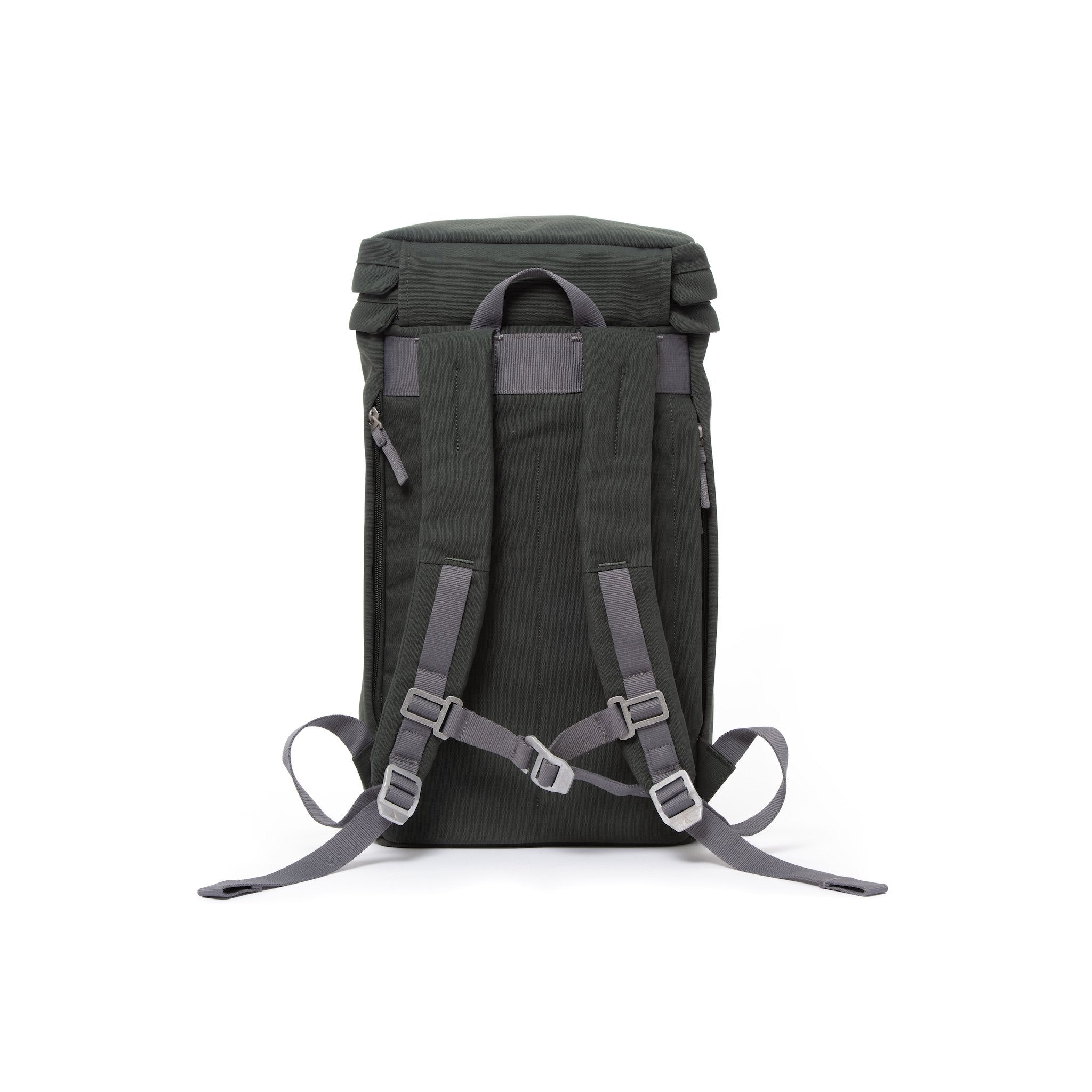 Grey canvas backpack with padded shoulder straps and chest strap.