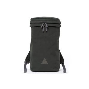 Grey canvas backpack with zip opening, padded shoulder straps and triangle logo.