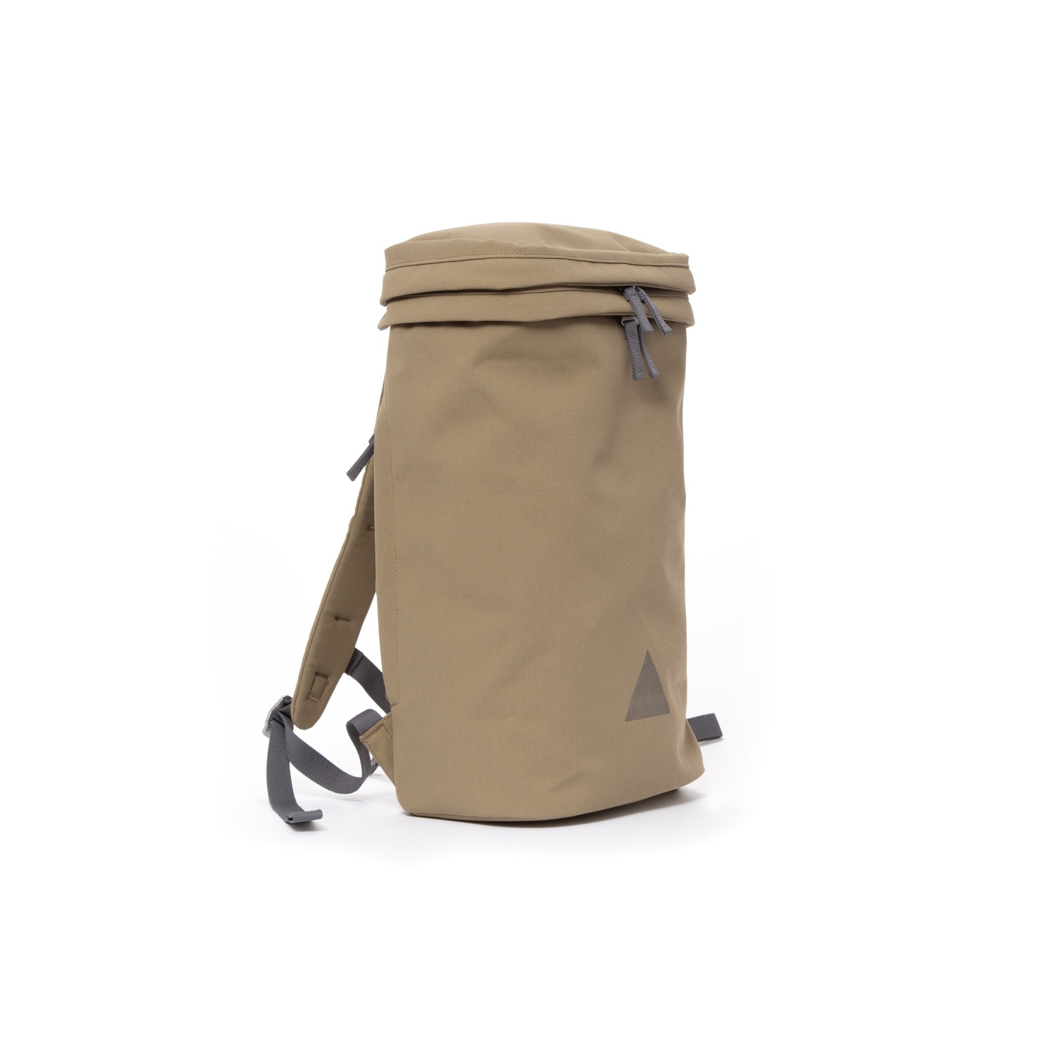 Khaki canvas backpack with padded shoulder straps and triangle logo.