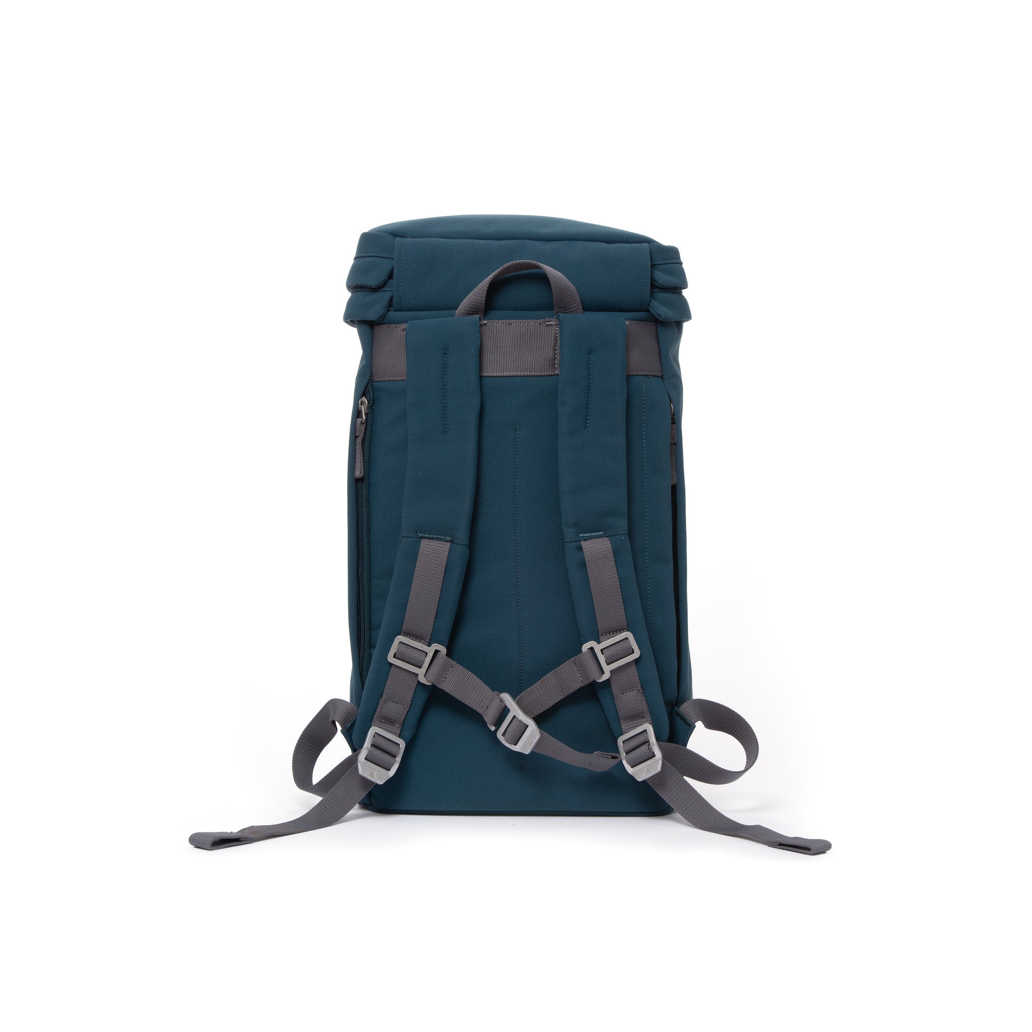 Blue canvas backpack with padded shoulder straps and chest strap.