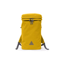 Yellow canvas backpack with zip opening, padded shoulder straps and triangle logo.