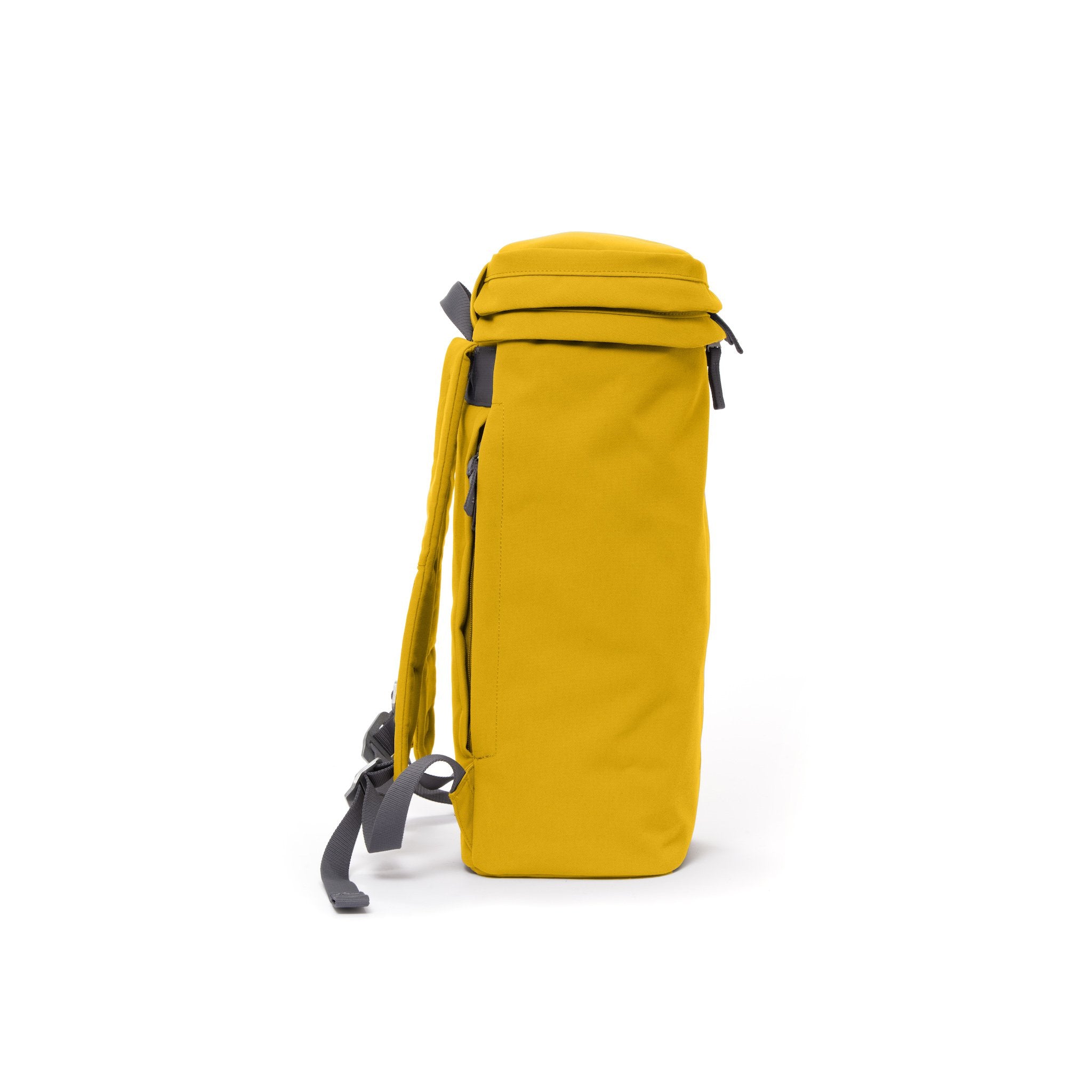 Yellow canvas backpack with top zip pocket.