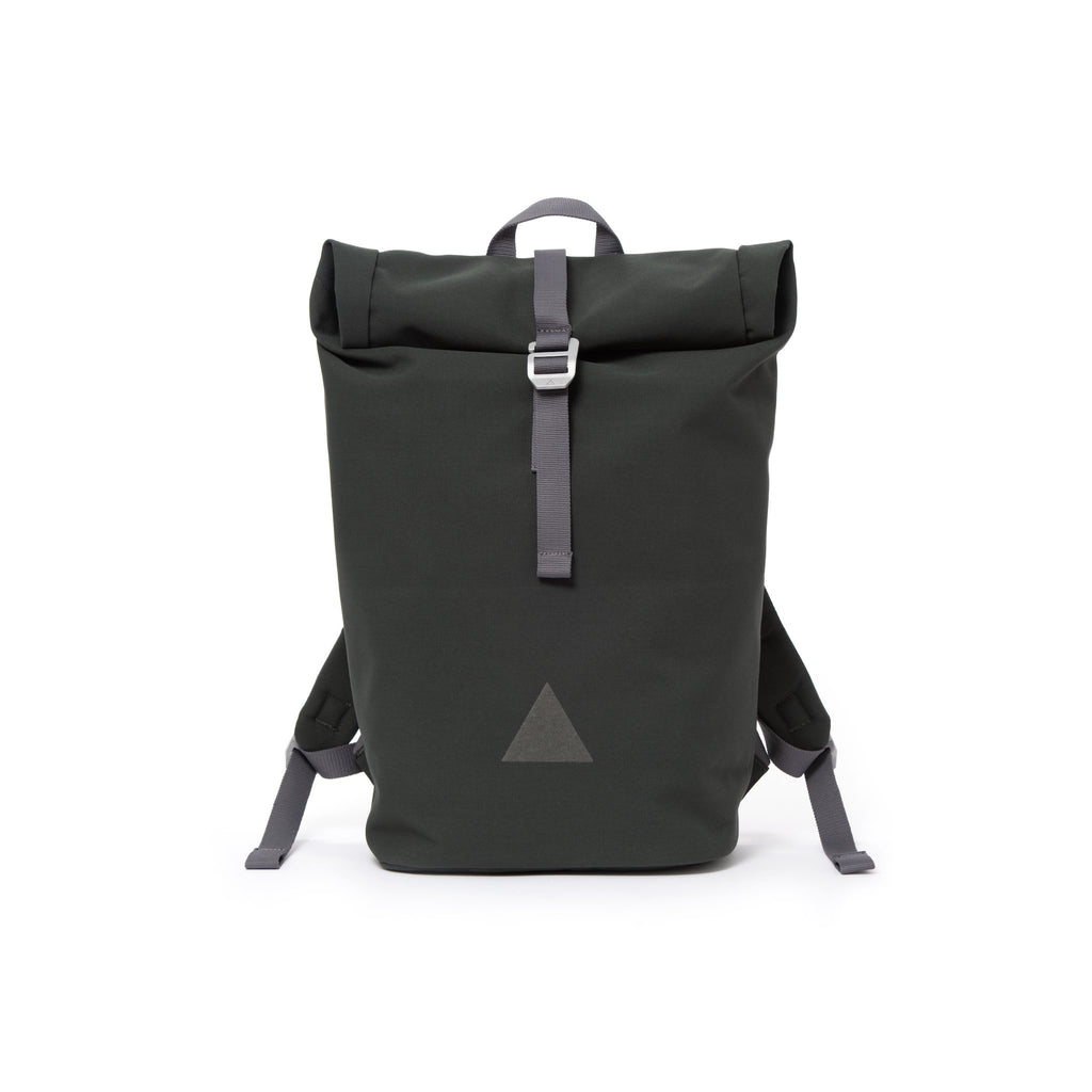 Grey recycled canvas men’s rolltop backpack with triangle logo.