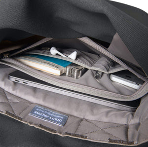 Grey backpack interior organiser pocket with guidebook and earphones.