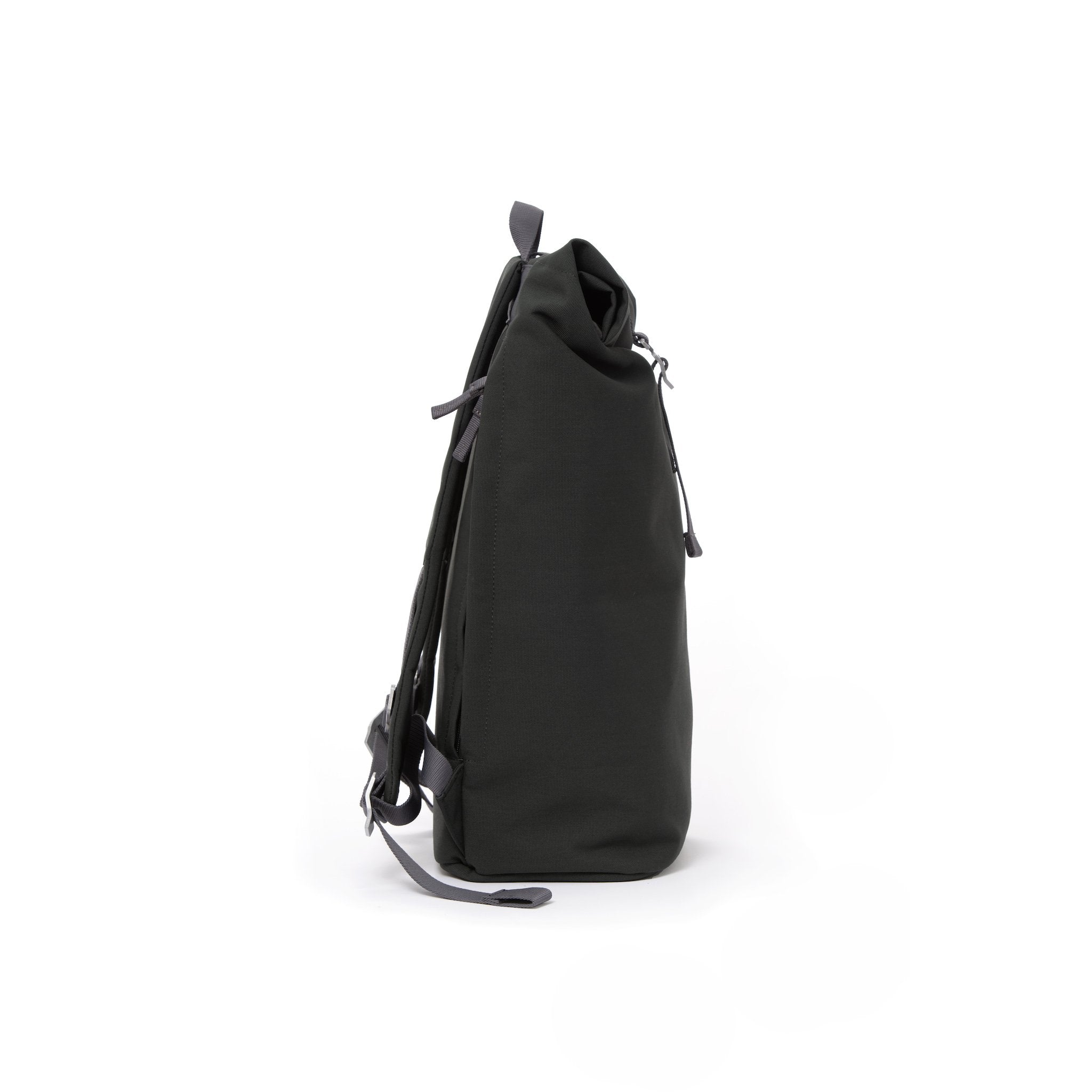 Grey waterproof canvas men’s rolltop backpack.