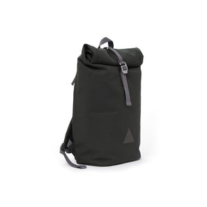 Grey recycled canvas men’s rolltop backpack.