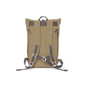 Khaki rolltop backpack with padded shoulder straps and chest strap.