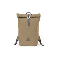 Khaki recycled canvas men’s rolltop backpack with triangle logo.