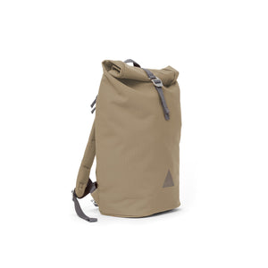 Khaki recycled canvas men’s rolltop backpack.