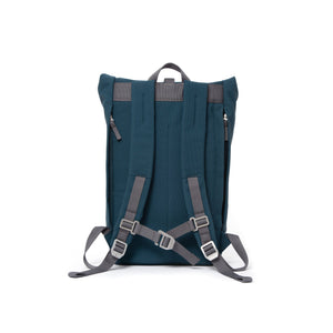 Blue rolltop backpack with padded shoulder straps and chest strap.