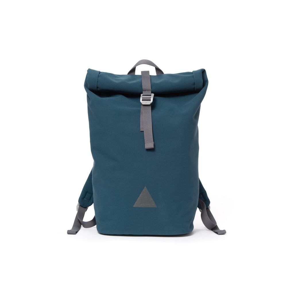 Blue recycled canvas men’s rolltop backpack with triangle logo.