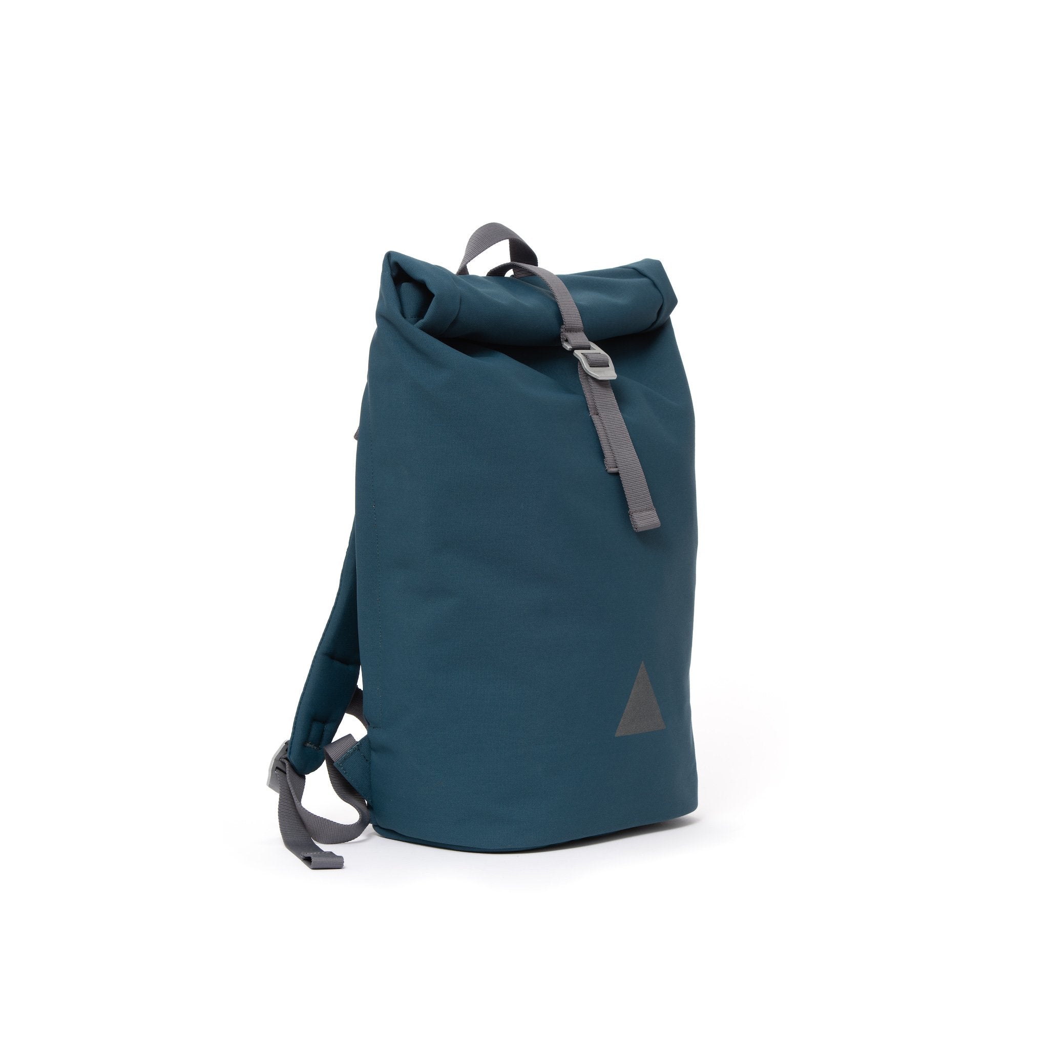 Blue recycled canvas men’s rolltop backpack.