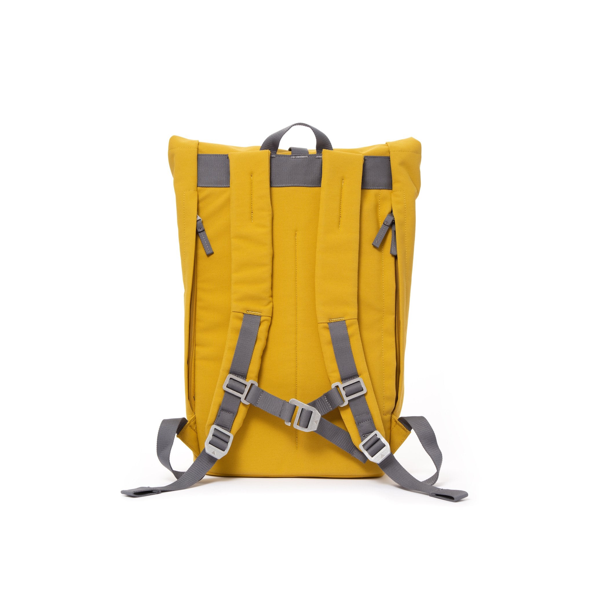 Yellow rolltop backpack with padded shoulder straps and chest strap.