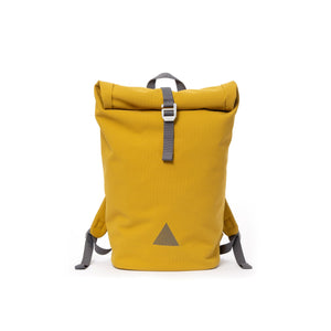 Yellow recycled canvas men’s rolltop backpack with triangle logo.