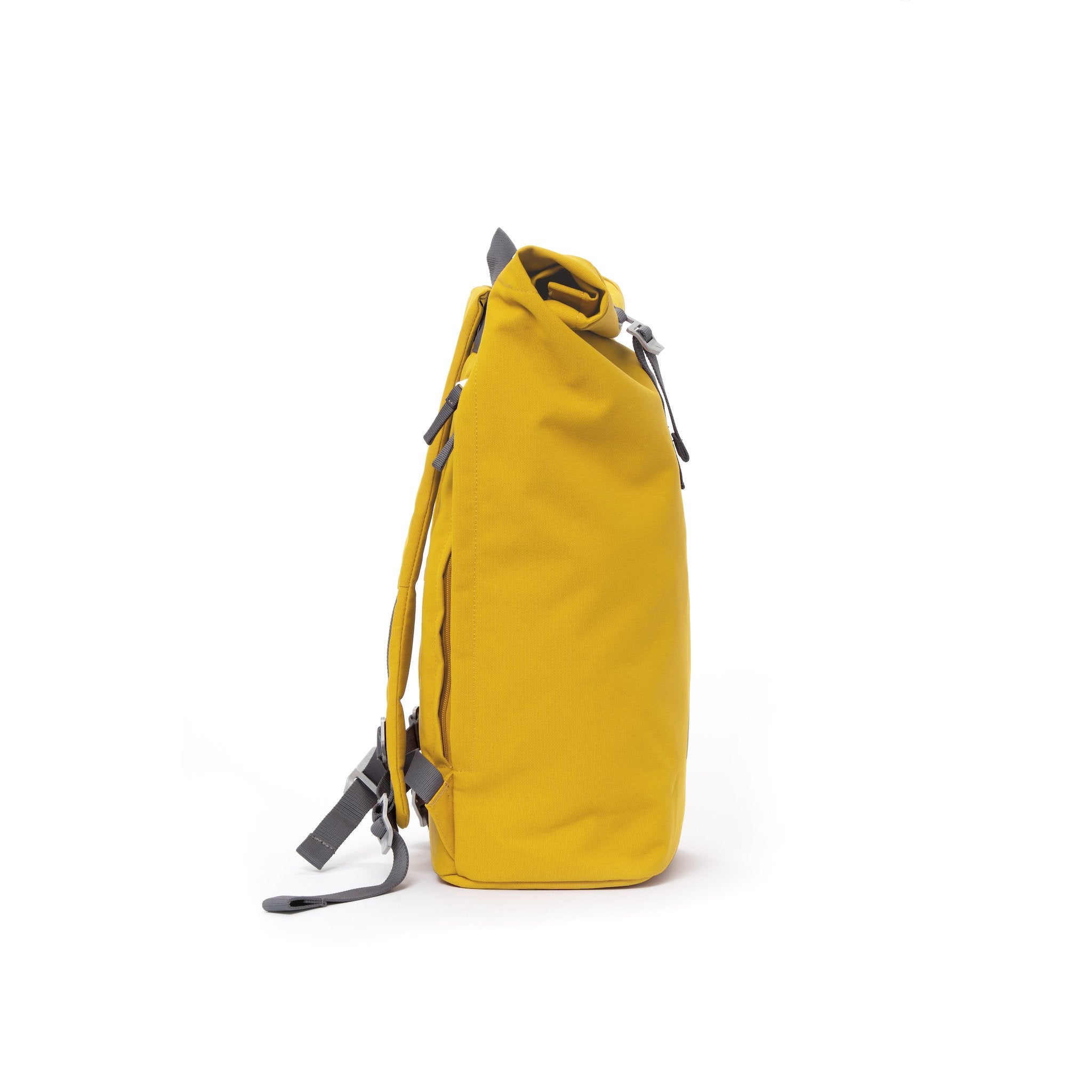 Yellow waterproof canvas men’s rolltop backpack.