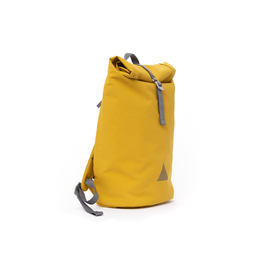 Yellow recycled canvas men’s rolltop backpack.